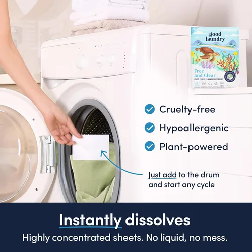 Vista 3 de Good Laundry Hojas de detergente, sin perfume (60 cargas), hojas de detergente ecológicas, hipoalergénicas, sin jarras de plástico ni residuos