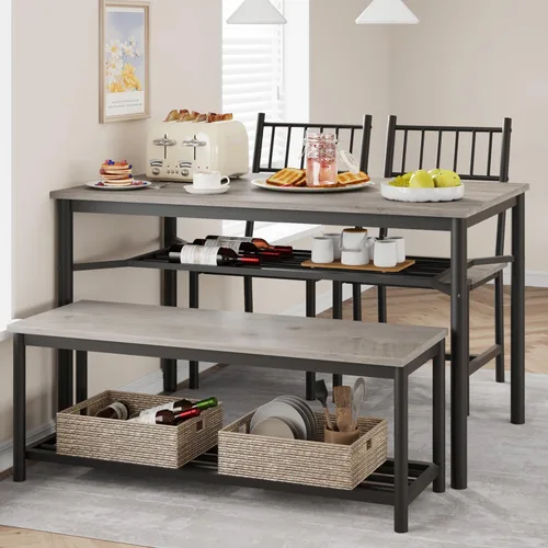 Vista 10 de IDEALHOUSE Juego de mesa de comedor para 4, mesa de cocina y 2 sillas con banco de almacenamiento, juego de mesa de cocina rectangular de 47.2