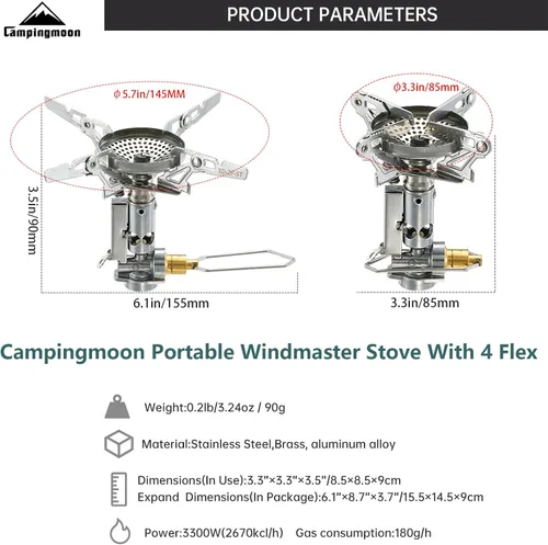 Vista 3 de CAMPINGMOON Estufa compacta plegable Ultralight Backpacking Stove XD-2F,3.3kW Output, Boils Fast, with Igniter,4-Flex Support, for Hiking,Camping