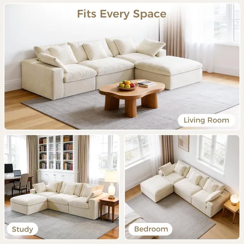 Vista 8 de Sofá modular de nube sin hueso en forma de L de 120 pulgadas, sofá modular con otomana Beige