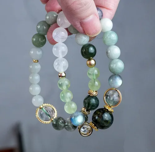 Vista 139 de Precious Gemstone Natural Crystal Healing Bracelet, Rutilated Quartz, Moonstone, Quartz Handmade Original Design Bracelet