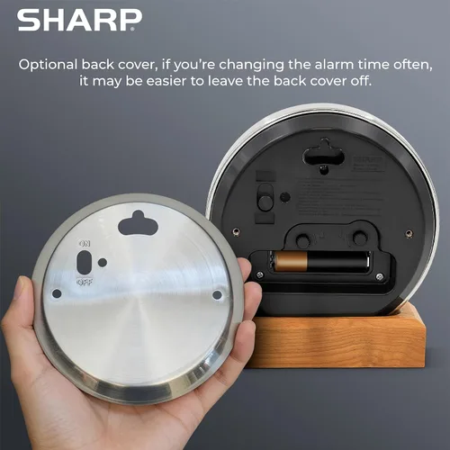Vista 3 de Sharp Silent Sweep - Reloj despertador analógico sin tictac, escritorio de metal cepillado o reloj de pared con soporte de madera auténtica