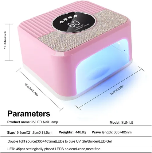 Vista 7 de LIMEGIRL Kit de lámpara de uñas LED UV para esmalte de gel profesional de secado rápido rosa 45 cuentas de lámpara y sensor automático, lámpara
