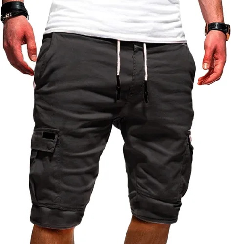 Vista 10 de Maiyifu-GJ Pantalones cortos casuales con cintura elástica para hombre, ajuste relajado, múltiples bolsillos, pantalones cortos cortos ligeros