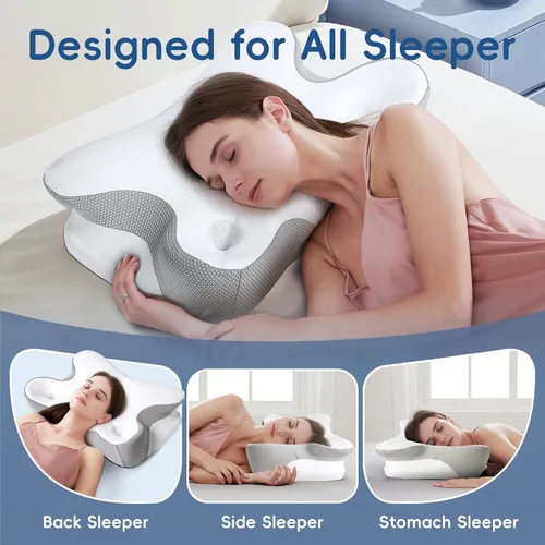 Vista 4 de Almohada cervical, almohadas cervicales de contorno de espuma viscoelástica para dormir con funda de almohada, soporte ergonómico de 5 zonas