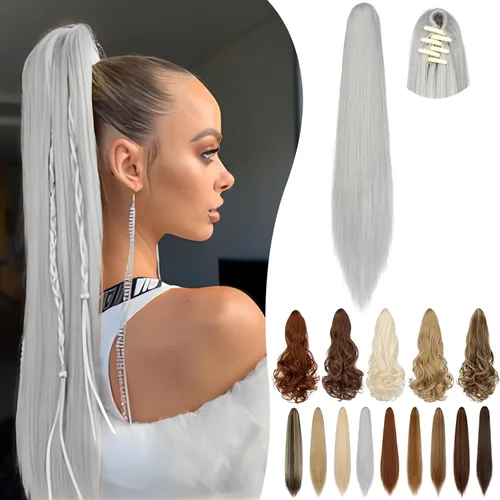 Vista 37 de Extensión de cola de caballo de 18 pulgadas, 20 pulgadas, larga, rizada, ondulada, recta, con clip, de aspecto natural, extensión de cabello