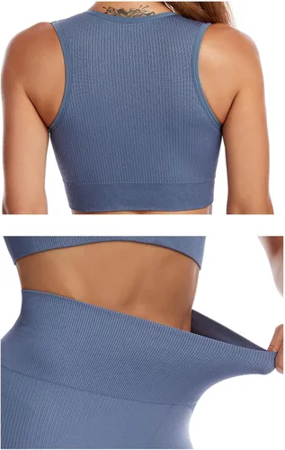 Vista 4 de Conjuntos de entrenamiento para mujer, 2 piezas, acanaladas, sin costuras, ombligueras, cintura alta, conjuntos de leggings de yoga, conjuntos