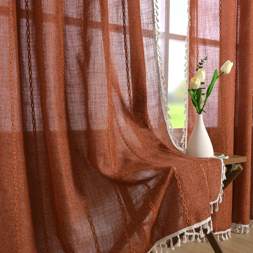 Vista 7 de Cortinas bohemias de color naranja quemado, cortinas rústicas de terracota para sala de estar, 2 paneles de 63 pulgadas de largo, de lino