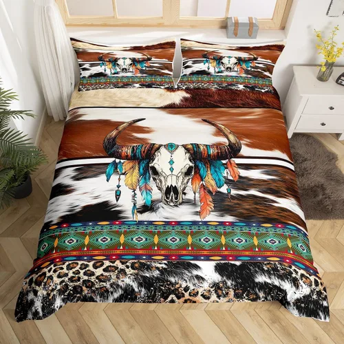 Vista 21 de Erosebridal Funda de edredón de piel de vaca marrón con estampado de vaca de las tierras altas, juego de ropa de cama occidental exótico azteca