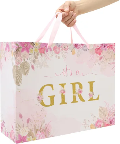 Vista 6 de Juego de bolsas de regalo extra grandes de 16.5 pulgadas con asas, tarjeta de felicitación, papel de seda rosa y calcomanías para niñas y niños