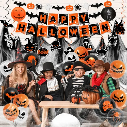 Vista 4 de Decoraciones de Halloween, decoraciones de fiesta de Halloween naranja y negro, remolinos colgantes, pancarta de araña de fantasma y murciélago
