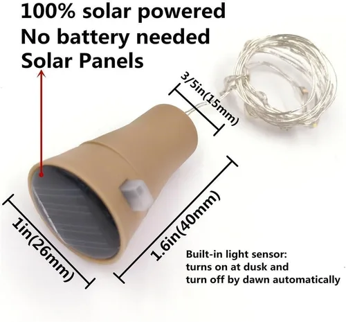 Vista 2 de Paquete de 10 luces solares para botellas de vino, 10 luces LED impermeables con forma de corcho de cobre para bodas, Navidad, exteriores