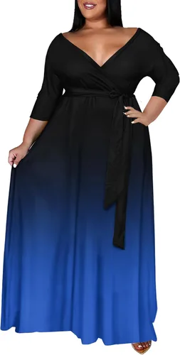 Vista 2 de Runwind Plus Size Dresses for Women Floral Maxi Dress Flowy 34 Sleeve with Belt
