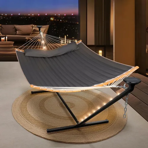 Vista 9 de SUNCREAT Hamaca doble para exteriores con soporte de 12 pies, hamacas autoportantes con soporte, beige