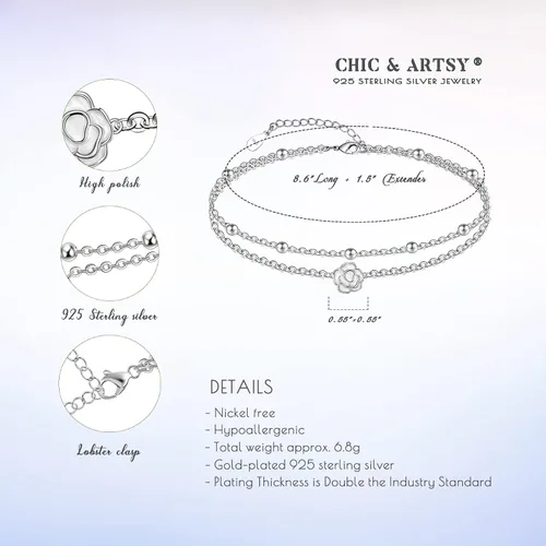 Vista 155 de CHIC & ARTSY Tobilleras delicadas de plata de ley S925 para verano, pulsera de tobillo ajustable multicapa para playa, joyería de pie para mujer