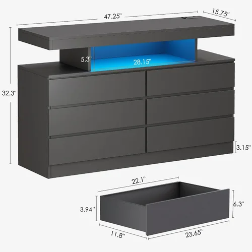 Vista 2 de BEWISHOME Cómoda negra para dormitorio con estación de carga y luces LED, cómoda de 6 cajones, cómodas de madera para armario, cómodas modernas
