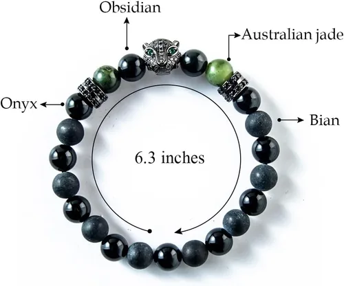 Vista 2 de Udjat Pulsera de cabeza de leopardo de pantera negra de la suerte, jade elástico hecho a mano, pulseras de chakras para mujer, pulsera de jade
