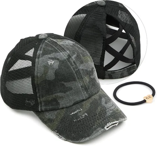 Vista 15 de C.C Gorra de béisbol de malla con diseño de estrella brillante, gorra de camionero ajustable para moño o cola de caballo Una banda elástica-negro