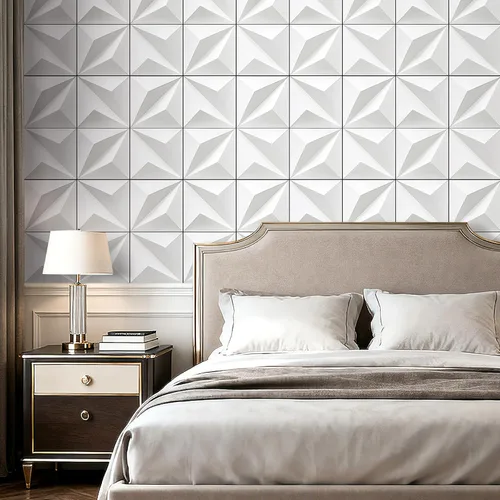 Vista 4 de FunStick Papel tapiz 3D de azulejos blancos modernos para despegar y pegar para dormitorio, cocina, sala de estar, pared de acento autoadhesivo