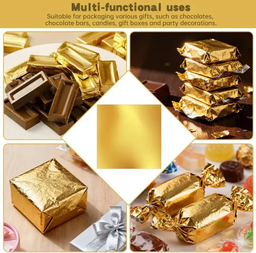 Vista 12 de Envolturas de chocolate, 100 unidades, 7.9 x 7.9 pulgadas, papel de regalo 100 envoltorios de lámina dorada · 105 calcomanías · cuadrados de 7.9 x