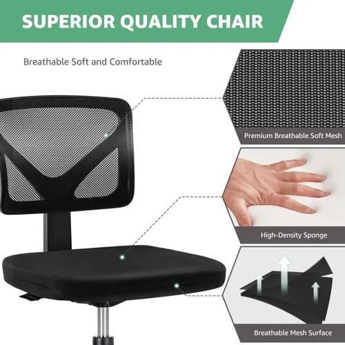 Vista 5 de Silla de oficina de malla sin brazos, silla de escritorio ergonómica con respaldo bajo, sillas giratorias ajustables para computadora para espacios