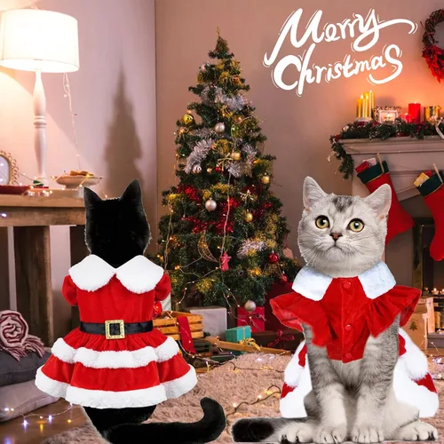 Vista 2 de GOYOSWA Vestido de Navidad para Gatos y Gatitas, Disfraz de Santa para Mascotas, Ropa Festiva de Navidad, Vestidos de Navidad para Gatitas y Gatos