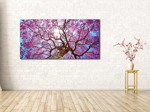 Vista 4 de Pyradecor Lienzo decorativo grande de árbol de cerezo rosa para pared, diseño de paisaje de ramas florales moradas, paisaje de naturaleza moderna