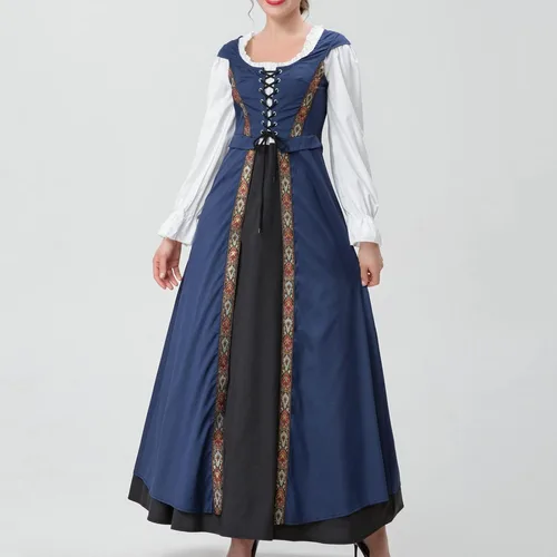 Vista 6 de Vintage Retro Costume for Women Renaissance Patchwork Long Sleeve Dress Square Neck Tunic Steampunk Long Dresses
