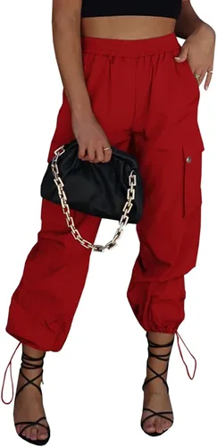 Vista 10 de Pantalones de paracaídas para mujer, cintura alta elástica, pantalones cargo Y2K holgados con 4 bolsillos