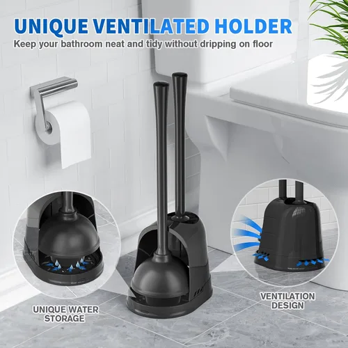 Vista 5 de LOVLOY Émbolo y cepillo de inodoro, paquete de 2 cepillos para tazón y émbolo de inodoro resistente con soporte ventilado, combo de cepillo