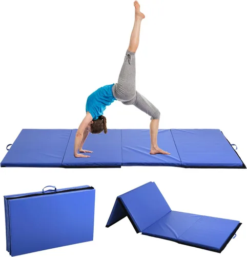 Vista 8 de Colchoneta de gimnasia para acrobacias, plegable, tapete de ejercicio para niños, adultos, tapete de yoga de piel sintética con asas de transporte