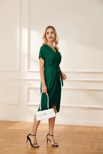 Vista 6 de GRACE KARIN Vestido de negocios de manga corta con cuello en V para mujer, con lazo en la cintura, vestido de cóctel con abertura, vestido midi