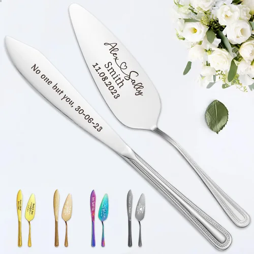 Vista 18 de STREADVE Juego de corte de pastel personalizado para boda, juego de cuchillos y servidores grabados, juego de corte personalizado, regalo para Negro
