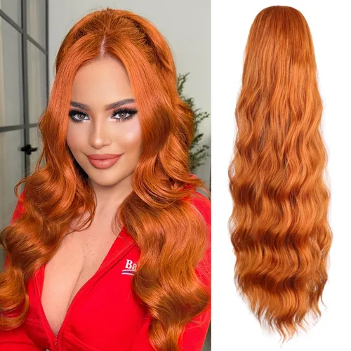 Vista 12 de FREEMEIGE Extensión de Cola de Caballo de 22 Pulgadas Negro Mezclado con Burdeos Larga Ondulada con Cordón Extensión de Cola de Caballo para Mujeres
