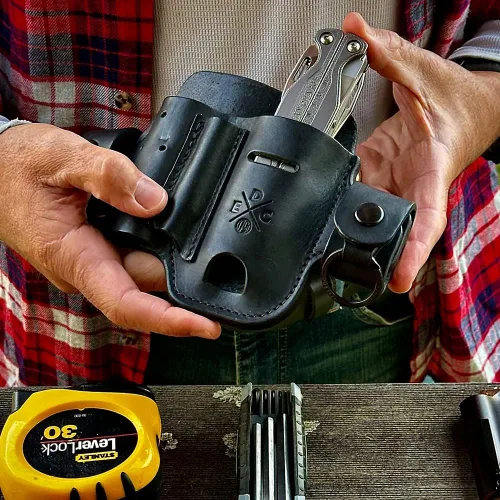 Vista 5 de Funda multiherramienta, organizador EDC de cuero, bolsa para cinturón para multiherramienta, cuchillo, bolígrafo, llaves, compatible con Leatherman