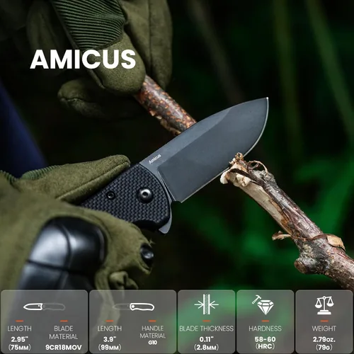 Vista 2 de Kizer Amicus Cuchillo de bolsillo pequeño, 2.95 pulgadas 9Cr18MoV hoja de acero, mango negro G10 plegable EDC cuchillo L3002A1