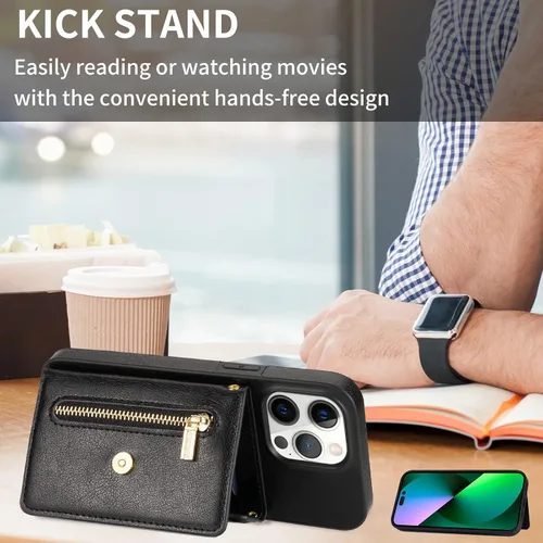 Vista 5 de Cartera con cremallera compatible con iPhone 14 Pro Max, funda cruzada con correa para mujer, tarjetero y cordón de 6.7 pulgadas, función atril