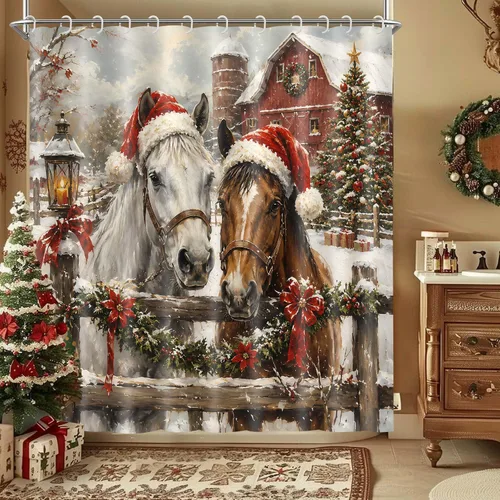 Vista 11 de Wathon Cortina de Ducha de Oso Negro de Invierno Escena Nevada Cortina de Baño con Osos Abrazándose Rodeados de Nieve y Bayas Rojas, Decoración