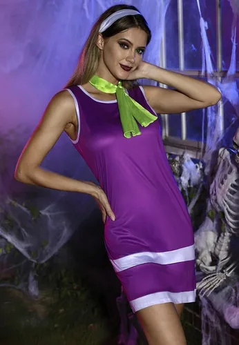 Vista 8 de Spadehill Disfraz de Halloween para mujer con bufanda sin mangas, vestido morado