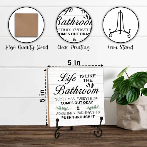 Vista 2 de Letrero de madera para decoración de baño, bloque de madera con texto en inglés "Life Is Like The Bath", de 5 x 5 pulgadas, viene con soporte