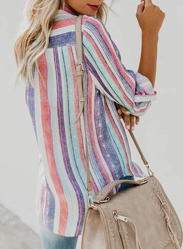 Vista 5 de Astylish - Camisa a rayas para mujer con cuello en V mangas enrollables y botones