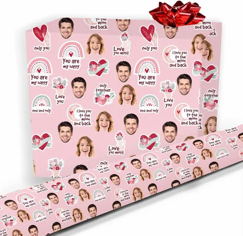 Vista 25 de Artsadd Papel de regalo personalizado con texto con imagen para aniversario, día de San Valentín, papel de regalo con foto personalizada con corazón