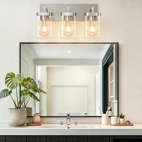 Vista 2 de Lámparas de baño de 3 luces sobre espejo, luces de tocador de níquel cepillado con pantalla cuadrada de vidrio transparente. Moderna lámpara