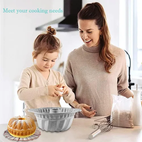 Vista 2 de Occhi d'angelo Molde de silicona para tartas Bundt, antiadherente con mango resistente, moldes de silicona de 9 pulgadas para pasteles Bundt Sartén