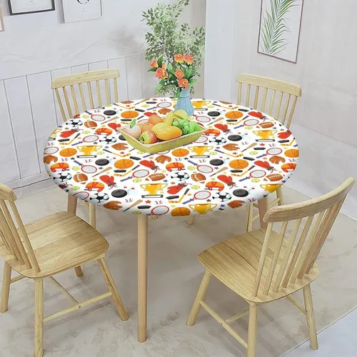 Vista 2 de Sport Round Fitted Tablecloth Cover,Cartoon Sporting Goods Tennis Racket Elastic Edged Polyester Fitted Table Cover, Small, Fit Round Tables up