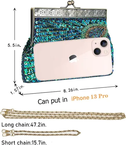 Vista 5 de Adoranda Bolso de noche vintage de los años 20 bolso de mano para mujer cadena de lentejuelas para novia bolso de hombro para boda y fiesta azul