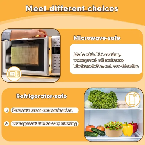 Vista 6 de Paquete de 50 cuencos de papel desechables de 37 onzas con tapas, recipientes de comida para llevar, cuencos de papel para ensaladas con tapas