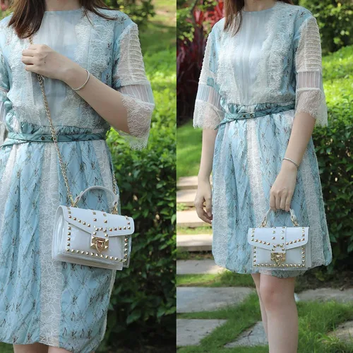 Vista 6 de Bolso de mano para mujer, de piel sintética, con asa superior, transparente, con remaches de cristal, bolsa de mano