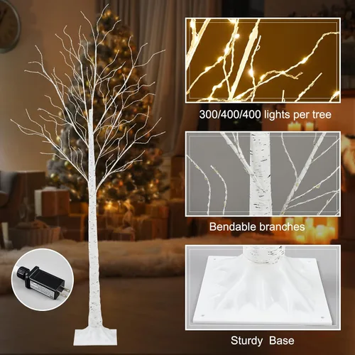 Vista 5 de Aurelema 6 piezas de árbol de abedul iluminado de 4 pies, 5 pies y 6 pies, 8 modos de Navidad, luces LED artificiales de color blanco cálido, árbol