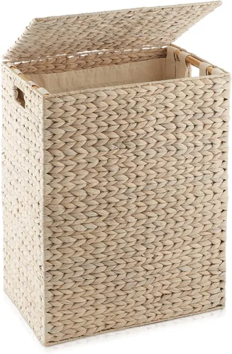 Vista 10 de Casafield gran cesta de lavandería con tapa y bolsa interior extraíble - Canela, cesta de lavandería rectangular tejida de jacinto de agua